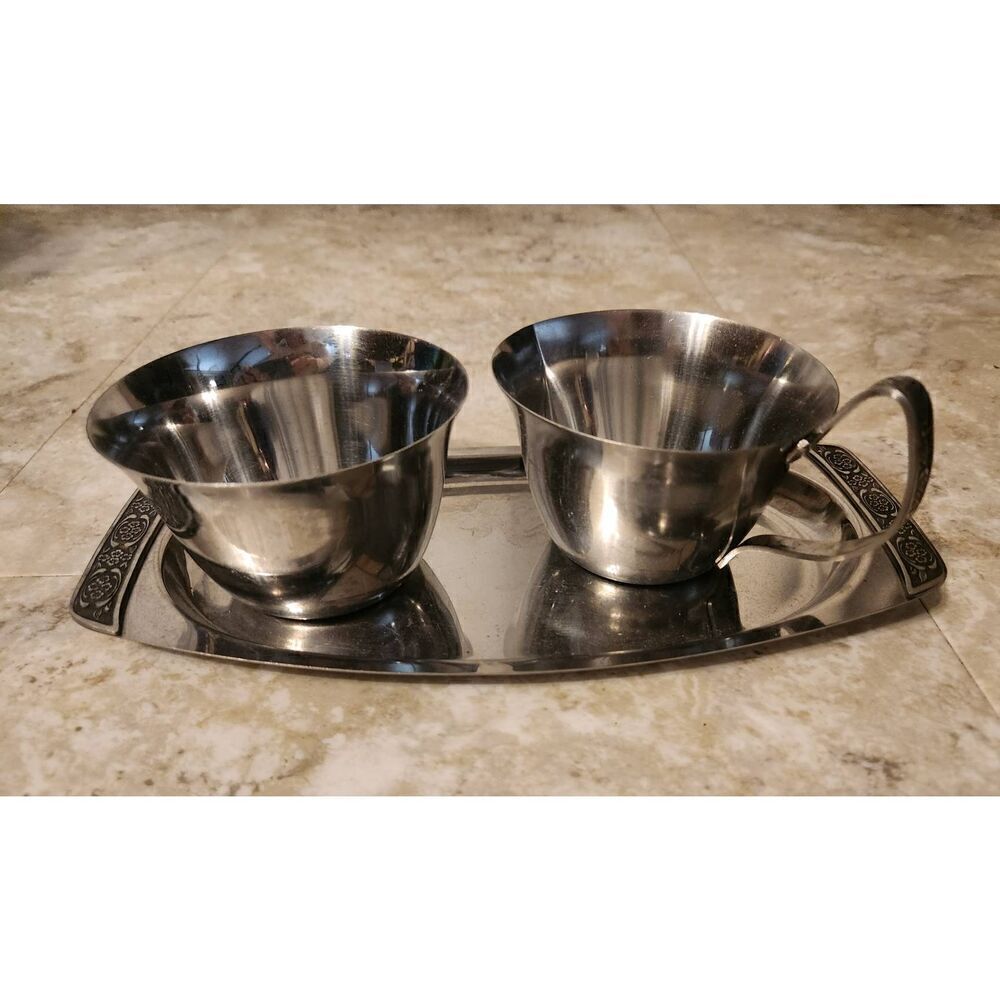 Springtime vintage 3 pc stainless sugar, creamer & tray with floral pattern